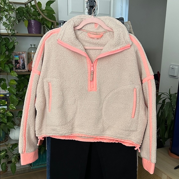 free people movement Tops - FP Movement Mountain High Half Zip Fleece Neon Coral Combo Sherpa Pullover Small
